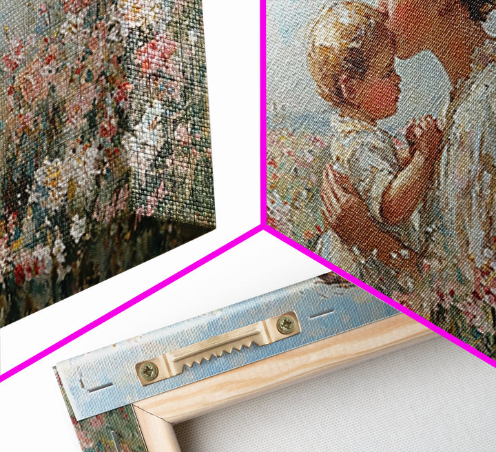 Mother Kissing Baby In Pink Wildflower Garden Wall Art, Impressionist Nursery Decor, Motherhood Gift, Feminine Art Print