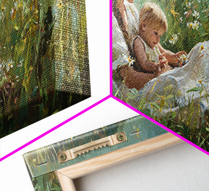 Sunlit Mother And Baby In Daisy Meadow Framed Canvas Print, Impressionist Floral Landscape, Gift For Her, Nursery Wall Decor