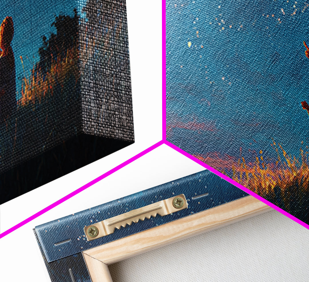 Mother And Child Pointing At Twilight Stars Canvas Print, Celestial Landscape, Blue Wall Art, Modern Bedroom Decor, Gift