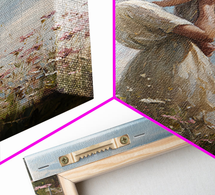 Mother Holding Baby In Wildflower Meadow Framed Canvas Print, Soft Sky Nursery Wall Art, Mothers Day Gift, Fine Art Print