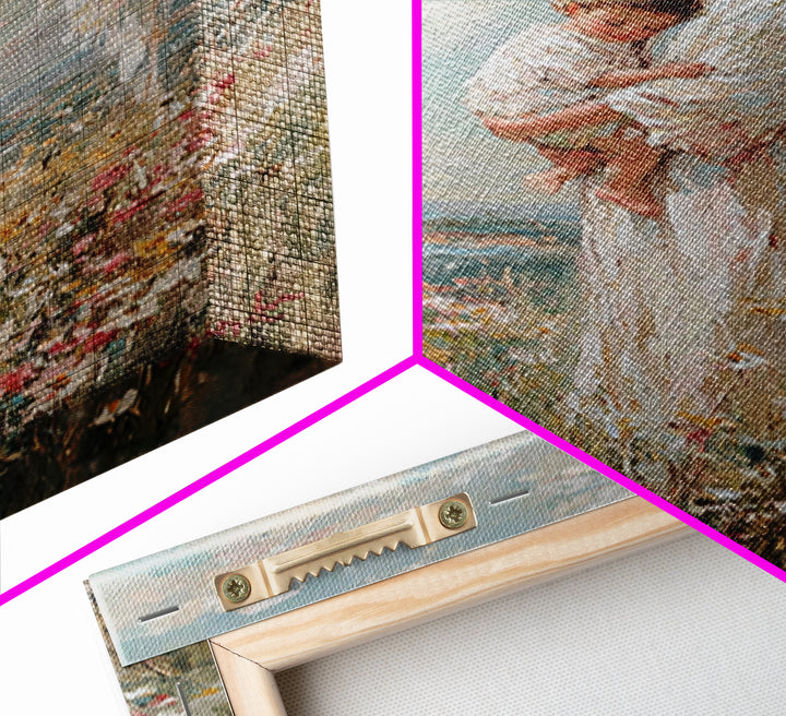 Guardian Angel Holding Child In Flower Meadow Wall Art, Christian Nursery Decor, Spiritual Canvas Print, Baptism Gift For Mom