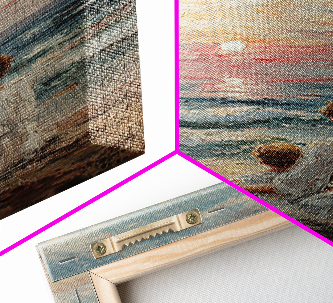 Mother And Child At Pale Seaside Sunrise Framed Canvas Print, Ocean Wall Art, Coastal Nursery Decor, Housewarming Gift, Home Decor