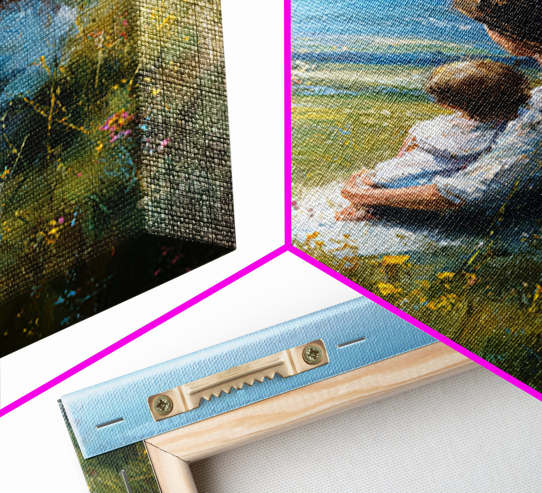 Mother And Child In Wildflower Meadow Canvas Print, Blue Mountain Landscape Wall Art, Nursery Decor, Mothers Day Gift, Home Decor