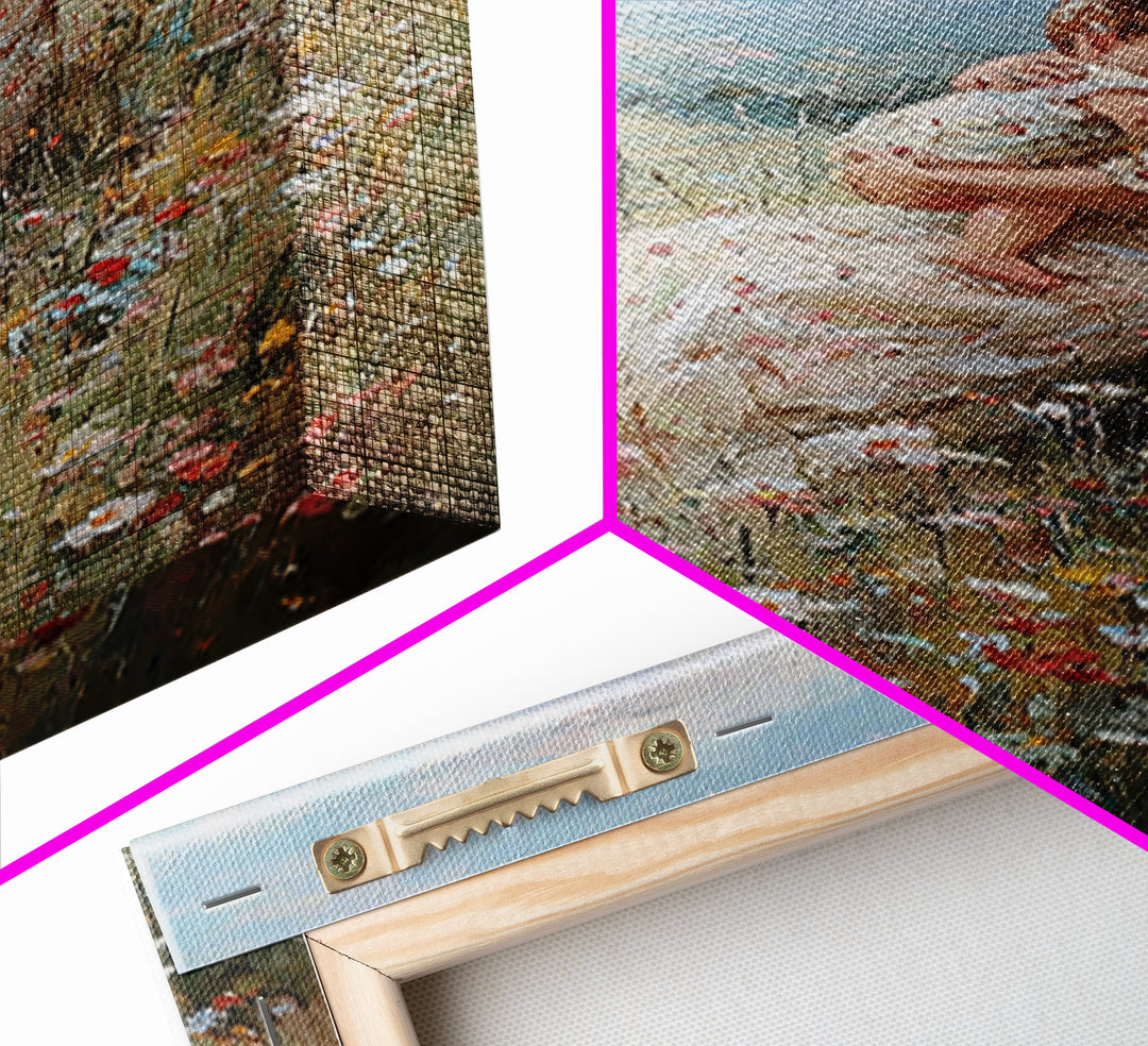 Nursing Mother And Baby In Floral Meadow Framed Canvas Print, Impressionist Landscape Wall Art, Nursery Decor, Gift For Her