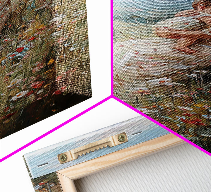 Nursing Mother And Baby In Floral Meadow Framed Canvas Print, Impressionist Landscape Wall Art, Nursery Decor, Gift For Her
