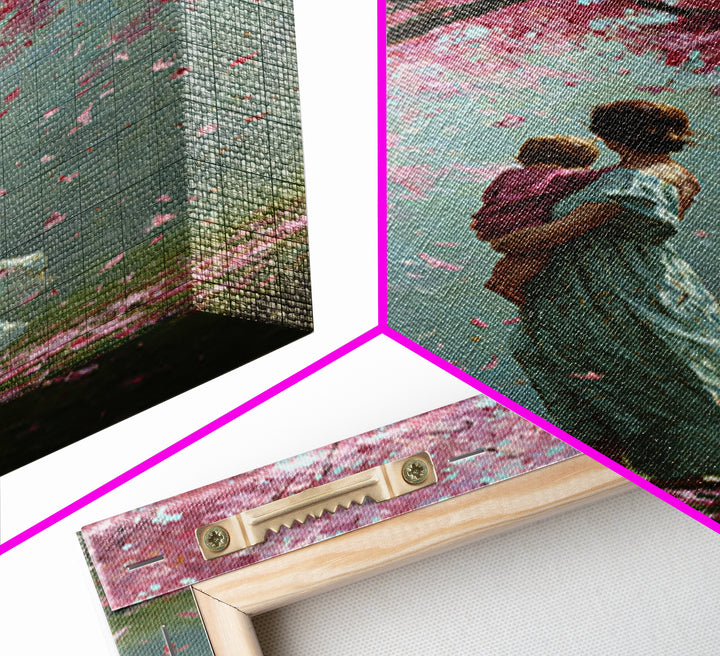 Mother And Child Beneath Cherry Blossom Canopy Canvas Print, Pink Floral Wall Art, Romantic Nursery Decor, Gift For Her, Home Decor