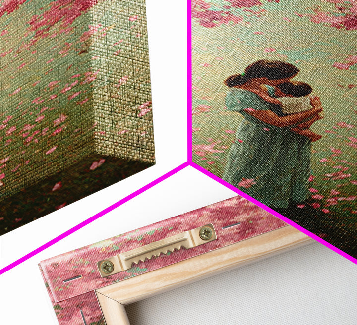 Mother Embracing Baby In Pink Blossom Garden Framed Canvas Print, Floral Wall Art, Feminine Nursery Decor, Mothers Day Gift