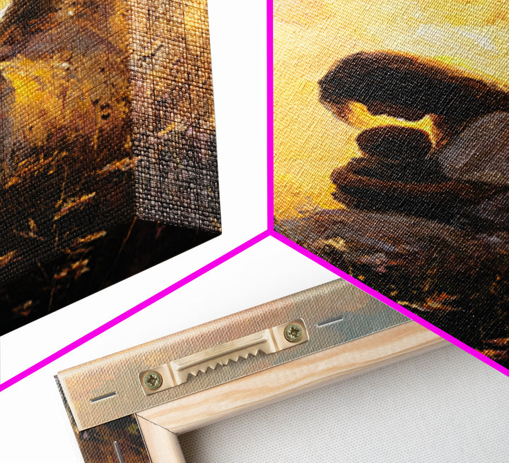 Golden Guardian Angel With Child Wall Art, Christian Nursery Decor, Spiritual Canvas, Angel Painting, Gift For Mom, Living Room Decor