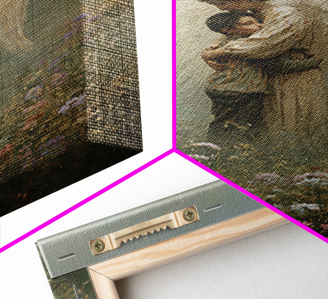 Misty Guardian Angel Hugging Child Framed Canvas Print, Christian Wall Art, Spiritual Nursery Decor, Butterfly Meadow Art