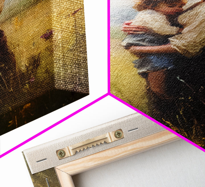 Tender Mother Holding Child In Golden Meadow Canvas Print, Soft Impressionist Oil Painting, Neutral Nursery Wall Art Gift
