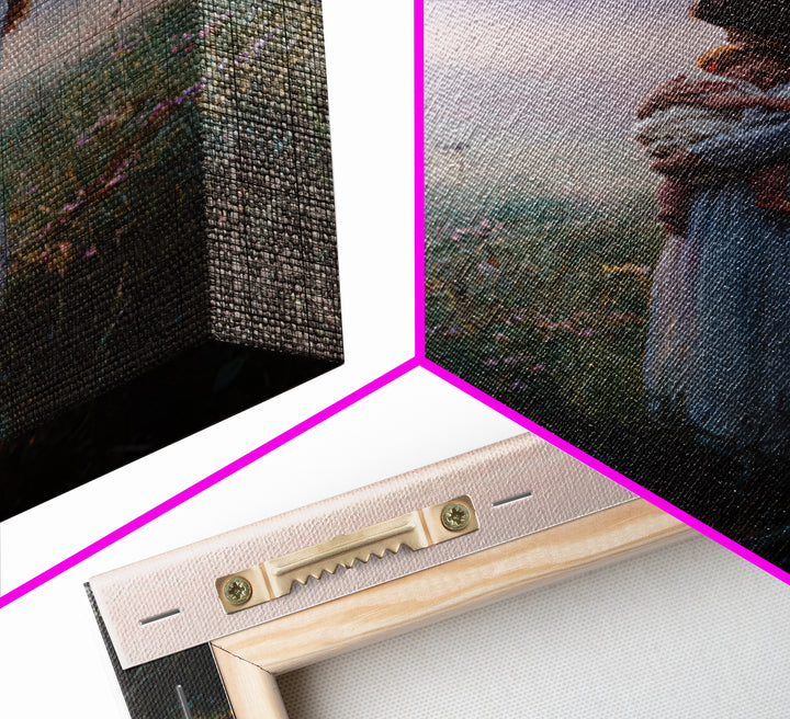 Mother And Baby In Misty Sunrise Meadow Wall Art, Romantic Landscape Oil Painting, New Mom Gift, Feminine Bedroom And Nursery Decor