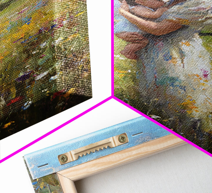 Mother And Baby In Rolling Hills Meadow Canvas Print, Impressionist Landscape Wall Art, Floral Nursery Decor, Gift For Mom