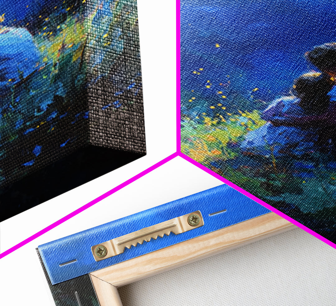 Mother And Child In Deep Blue Firefly Meadow Canvas Print, Moody Wall Art, Fantasy Decor, Nursery Wall Art, Gift For Her