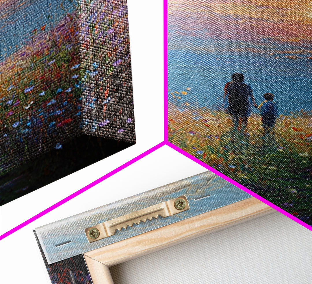 Parent And Child In Misty Wildflower Meadow Canvas Print, Textured Sunset Landscape Wall Art, Calming Living Room Decor Gift