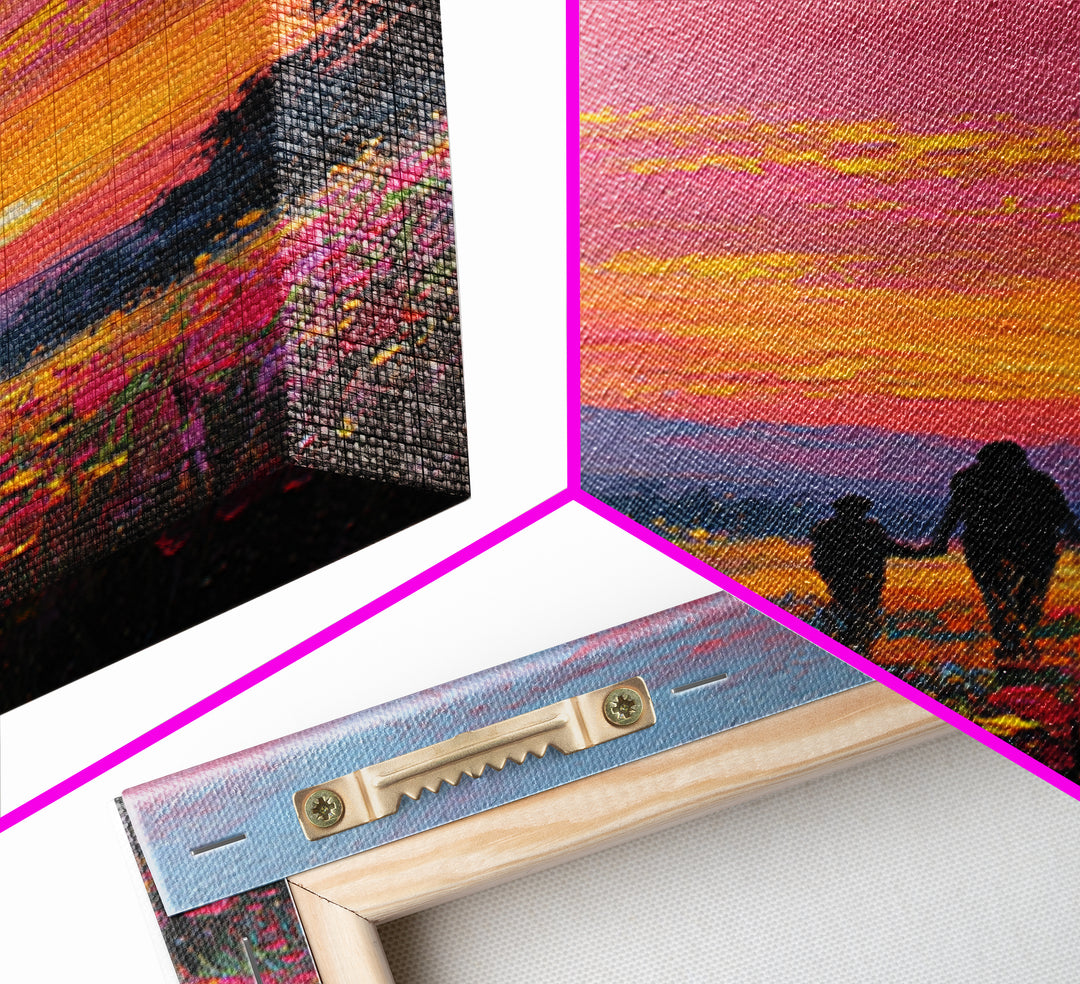 Father And Child Walking Through Pink Sunset Meadow Wall Art, Colorful Landscape Canvas Print, Family Gift, Bedroom Decor