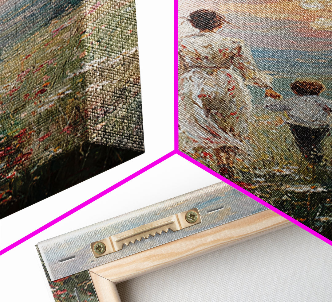 Mother And Son Walking In Wildflower Meadow Framed Canvas Print, Impressionist Sunset Wall Art, Family Gift, Warm Home Decor