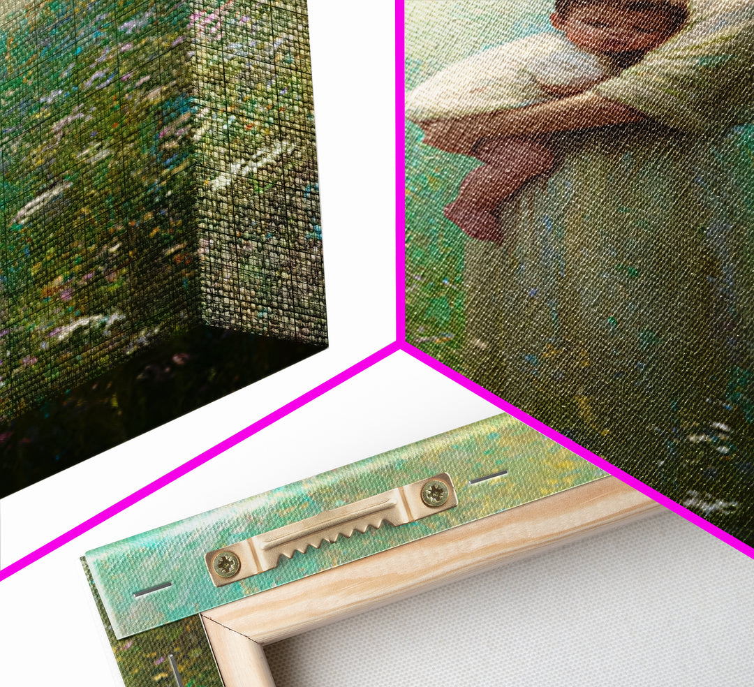 Soft Guardian Angel Holding Baby In Green Meadow Canvas Print, Spiritual Wall Art, Nursery Decor, Baby Shower Gift, Gift For Mom
