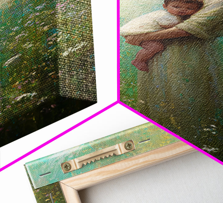 Soft Guardian Angel Holding Baby In Green Meadow Canvas Print, Spiritual Wall Art, Nursery Decor, Baby Shower Gift, Gift For Mom
