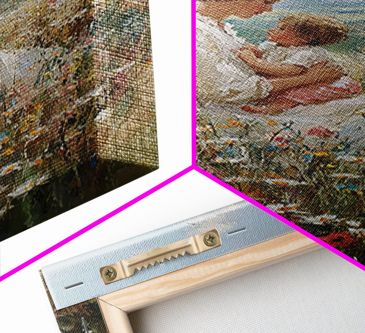 Mother And Baby In Hillside Wildflowers Framed Canvas Print, Impressionist Landscape Wall Art, Nursery Decor, Gift For Her