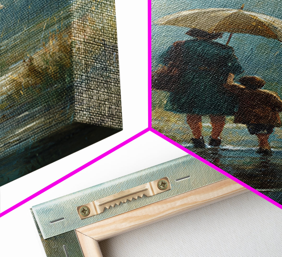 Mother And Child Rainy Pond Canvas Print, Moody Blue Impressionist Landscape Art, Umbrella Painting For Bedroom Decor, Home Decor