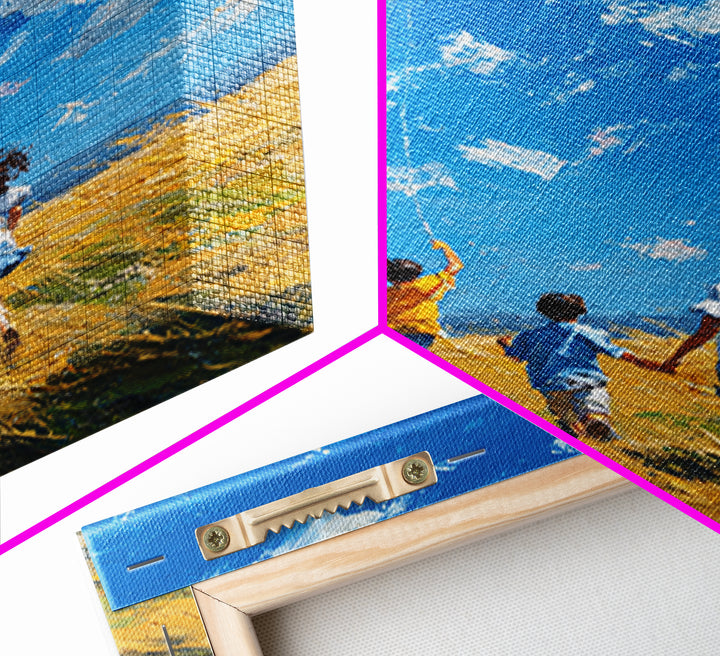 Children Chasing Bright Kite In Golden Field Framed Canvas Print, Colorful Wall Art, Summer Landscape, Kids Room Decor Gift