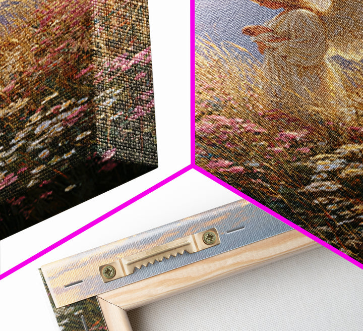 Golden Winged Angel With Infant At Sunset Wall Art, Christian Bedroom Decor, Floral Canvas Print, Spiritual Gift For Her