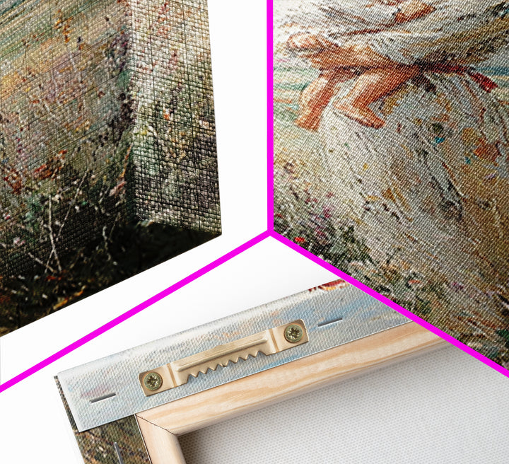 Mother Holding Child In Windy Wildflower Meadow Framed Canvas Print, Impressionist Landscape Wall Decor, Gift For Mom, Home Decor