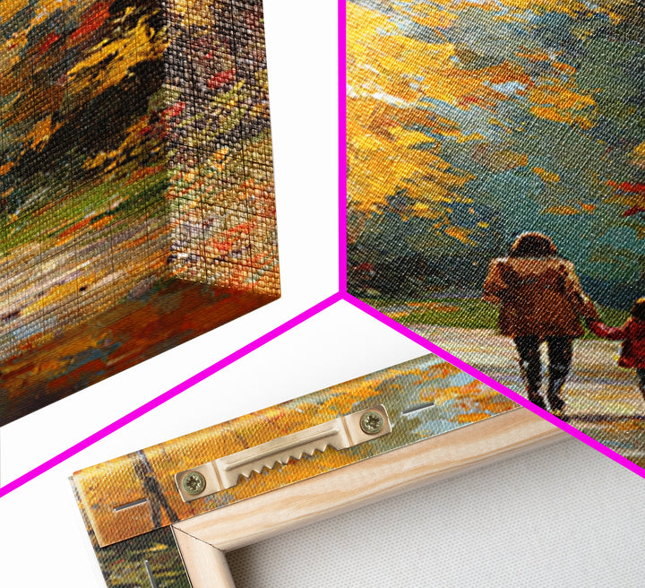 Golden Autumn Forest Walk Canvas Print, Mother Child Path Painting, Vibrant Landscape Wall Decor, Cozy Home Decor, Gift For Her