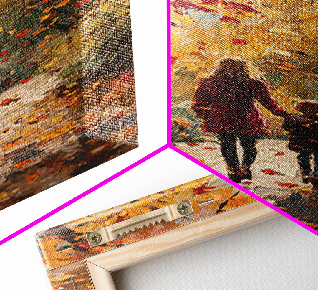 Mother And Child Golden Fall Walk Canvas Print, Red Coat Autumn Trees Painting, Warm Family Decor, Rustic Wall Art, Gift For Mom