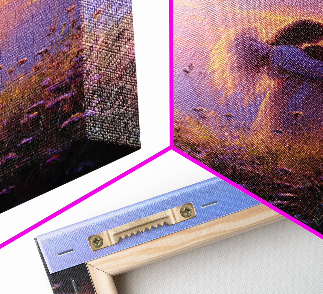Angel Mother Cradling Baby Framed Canvas Print, Lavender Sunset Meadow Painting, Spiritual Wall Art, Nursery Decor, New Mom Gift