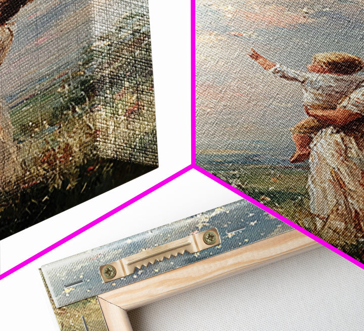 Mother Holding Child Beneath Starry Sky In Meadow Framed Canvas Print, Celestial Wall Art, Christian Nursery Decor, Gift