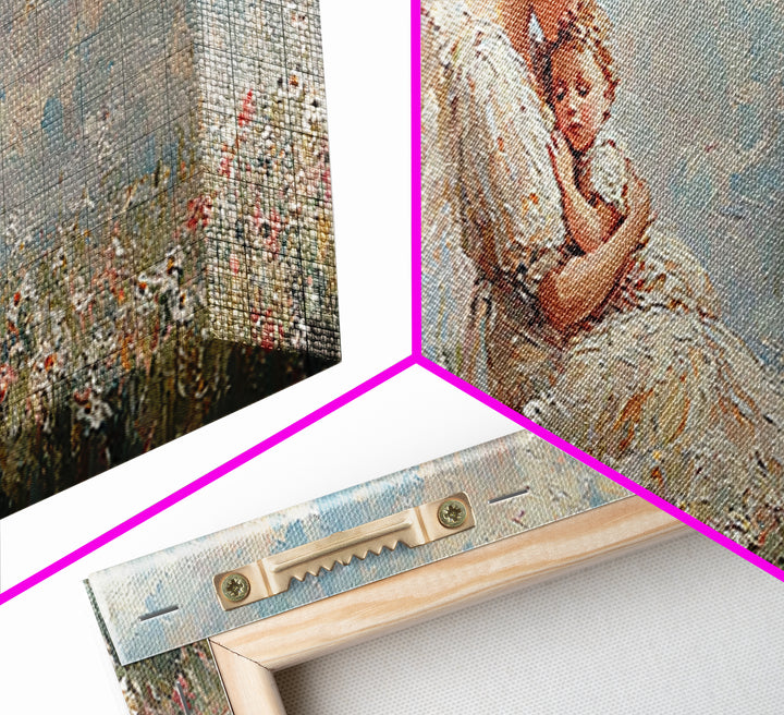 Angel Mother Holding Baby Wall Art, White Wings Wildflower Field Canvas Print, Christian Nursery Decor Gift For Mom Home Decor
