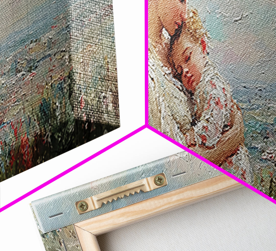 Mother Holding Sleeping Baby Wall Art, Tender Wildflower Landscape Canvas Print, Feminine Nursery Decor Gift For Mom Home Decor