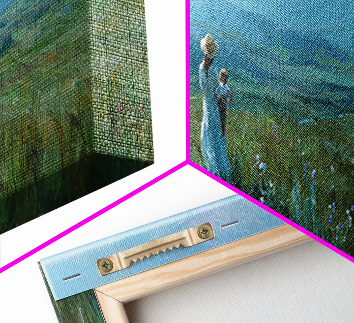 Mother And Child Over Mountain Valley Framed Canvas Print, Panoramic Landscape Wall Art, Blue Green Nature Decor Gift For Her