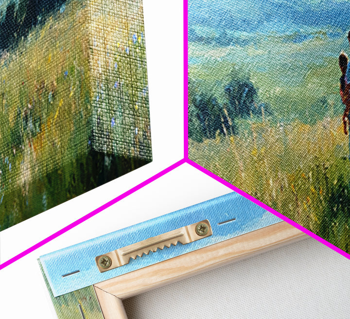 Mother Holding Child In Golden Meadow Wall Art, Panoramic Blue Mountain Canvas Print, Nature Nursery Decor, Housewarming Gift
