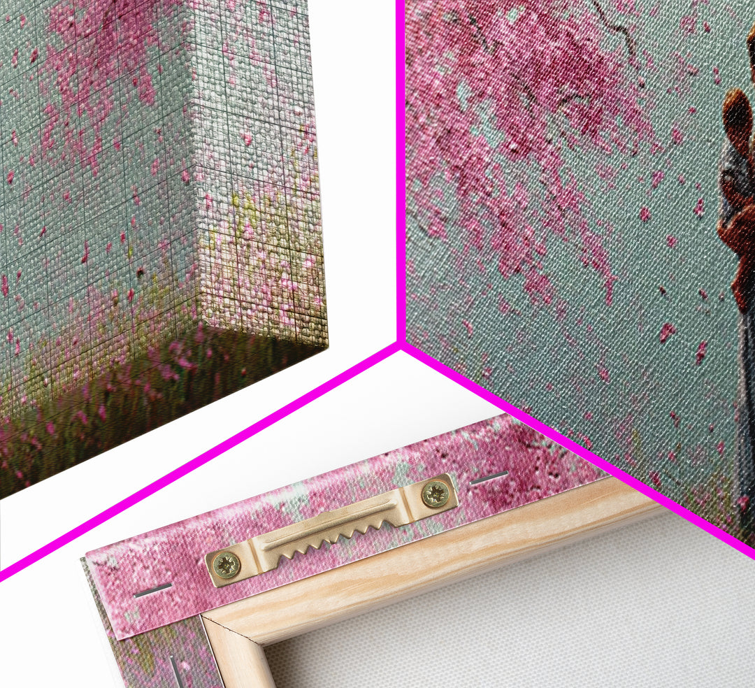 Mother Holding Baby In Pink Blossom Grove Framed Canvas Print, Pastel Nursery Wall Art, Cherry Blossom Home Decor Gift For Mom