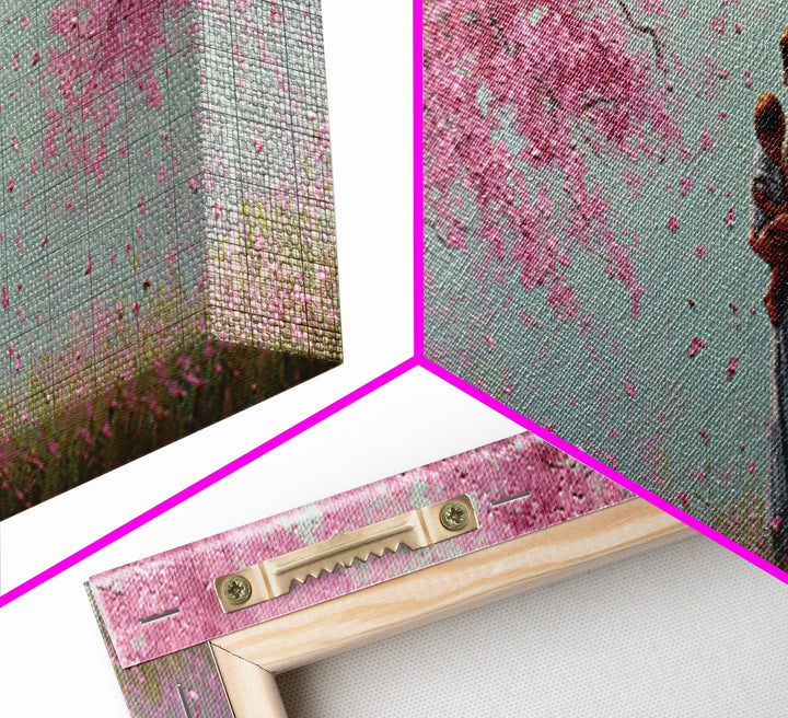 Mother Holding Baby In Pink Blossom Grove Framed Canvas Print, Pastel Nursery Wall Art, Cherry Blossom Home Decor Gift For Mom
