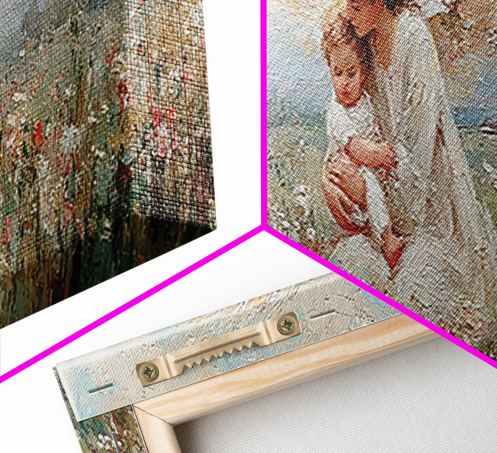 White Winged Angel Holding Baby In Meadow Canvas Print, Christian Wall Art, Spiritual Nursery Decor, Guardian Angel Gift