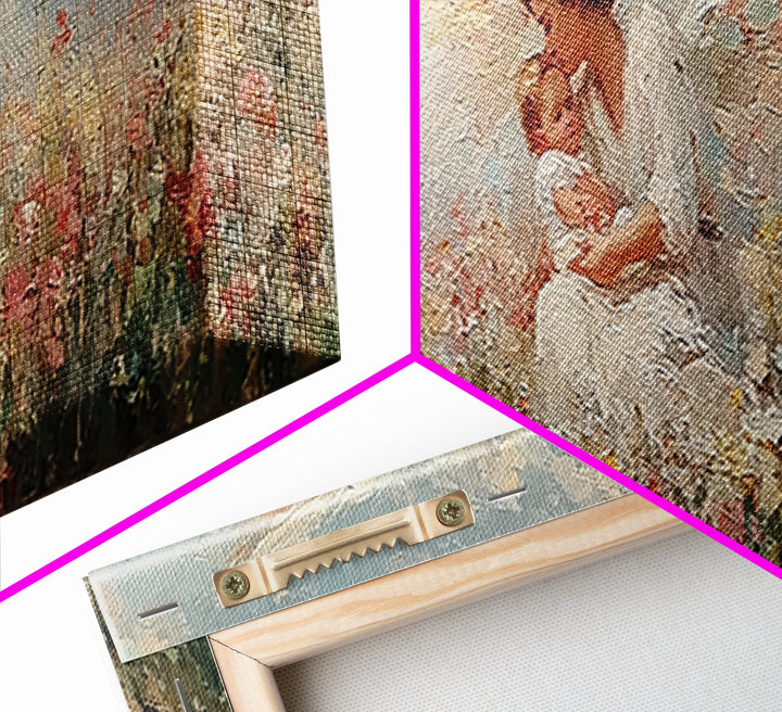 Curly Haired Angel Holding Baby In Flowers Canvas Print, Christian Wall Art, Spiritual Nursery Decor, Baptism Gift For Baby
