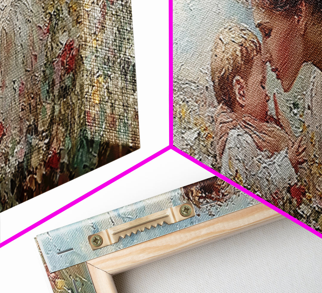 Angel Mother Kissing Baby Framed Canvas Print, Christian Nursery Wall Art, Wildflower Meadow Decor, Gift For Mom, Spiritual Art