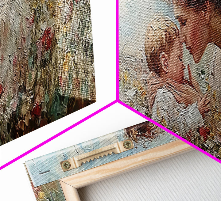Angel Mother Kissing Baby Framed Canvas Print, Christian Nursery Wall Art, Wildflower Meadow Decor, Gift For Mom, Spiritual Art