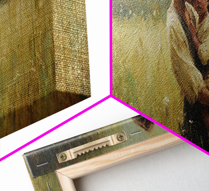 Mother Holding Toddler In Golden Field Framed Canvas Print, Impressionist Landscape Wall Art, Rustic Farmhouse Nursery Decor