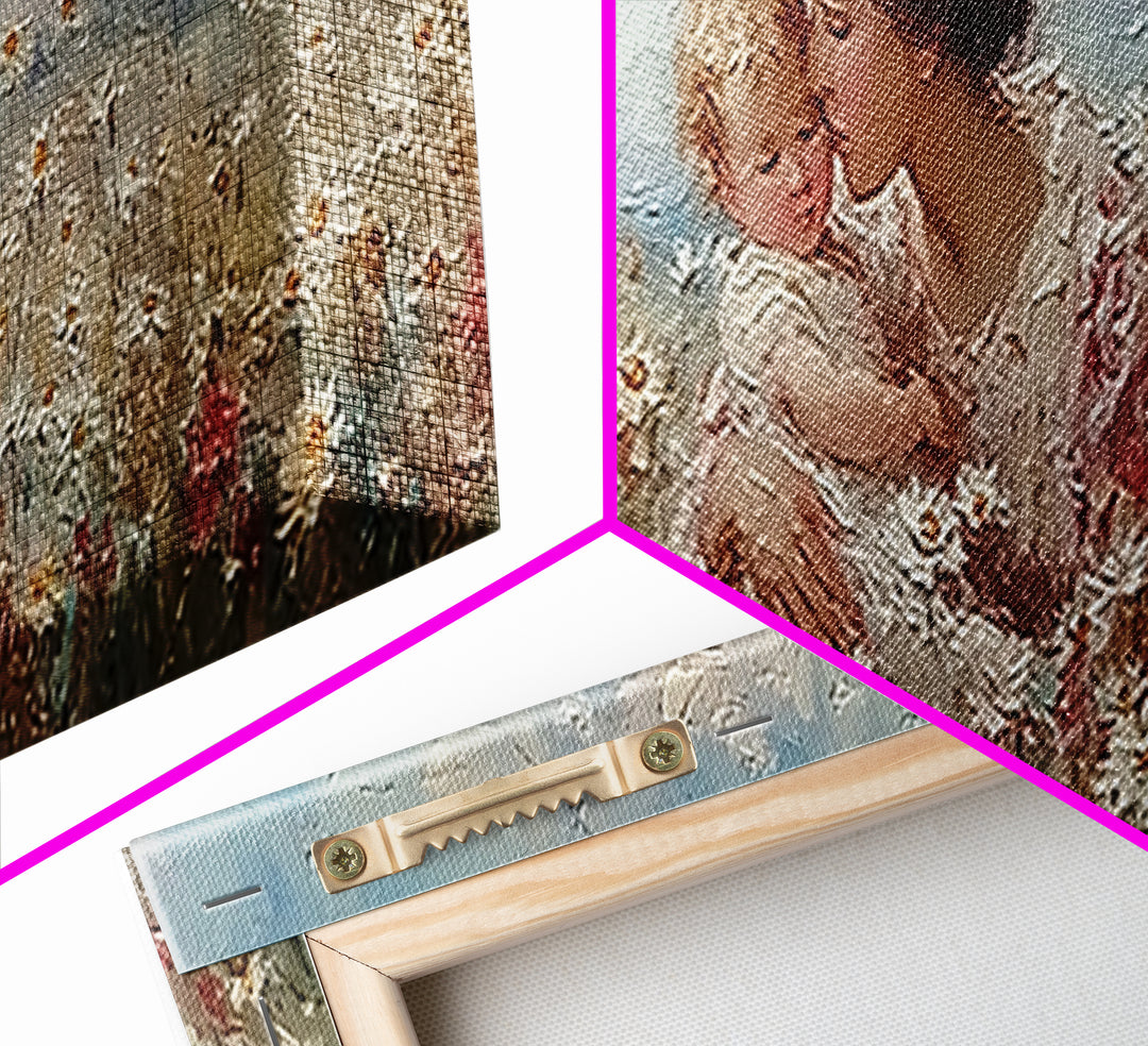 Tender Mother And Child Embrace In Daisy Field Framed Canvas Print, Floral Wall Art, Feminine Nursery Decor Gift For Her