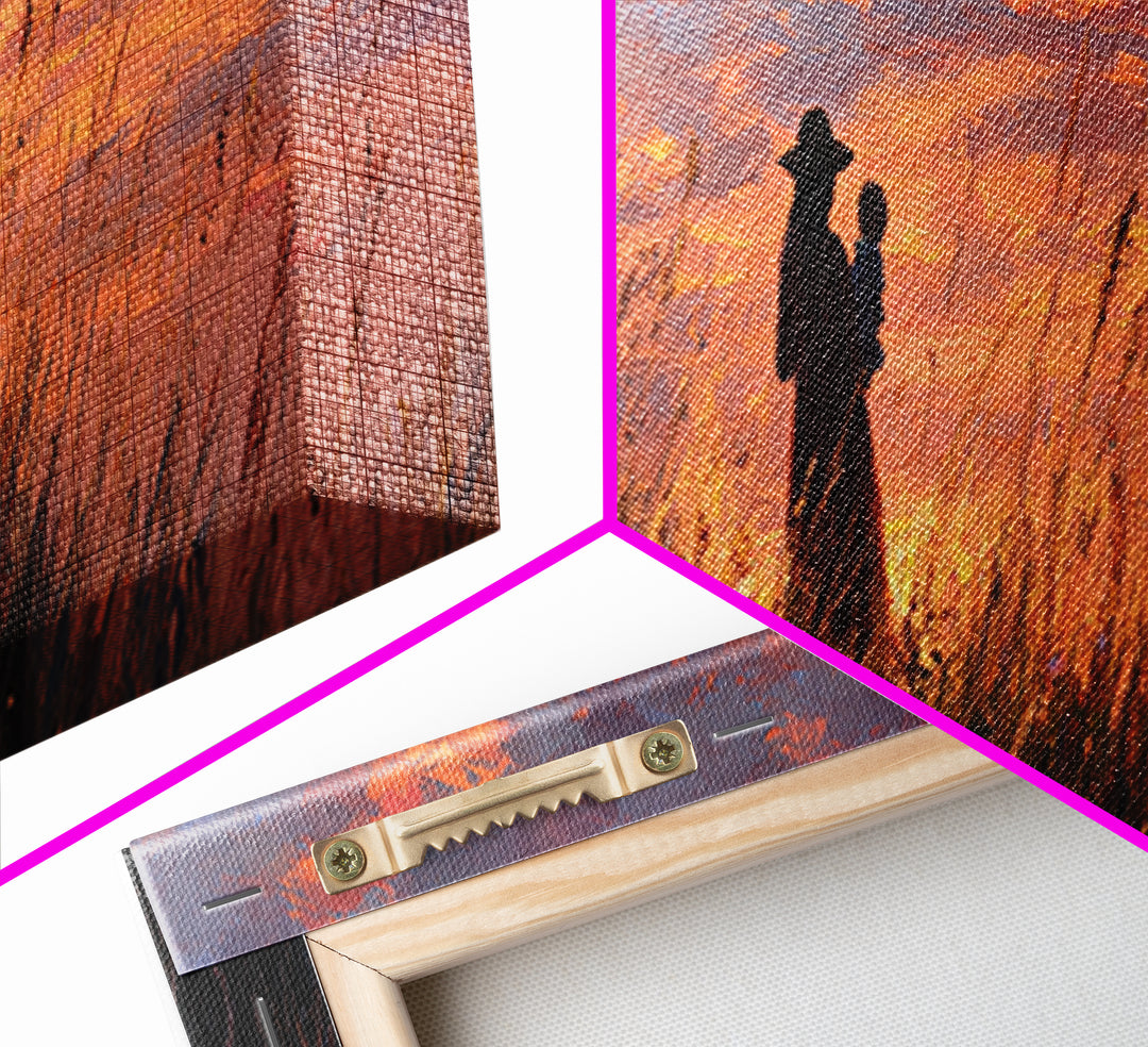 Silhouette Mother Holding Baby At Fiery Sunset Wall Art, Moody Landscape Painting, Gift For Her, Warm Bedroom Decor Canvas Print
