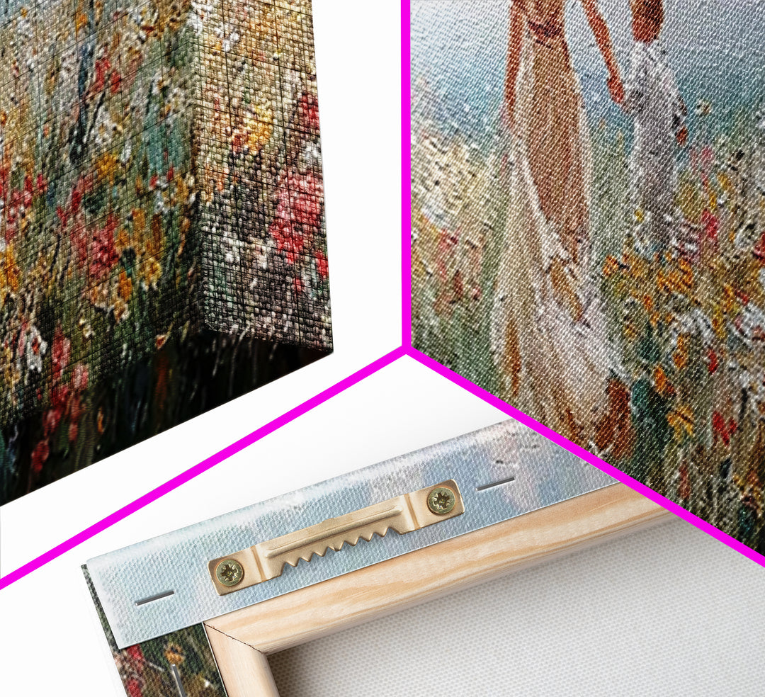 Mother And Child Holding Hands In Coastal Wildflower Meadow Wall Art, Impressionist Canvas Print, Nursery Decor, Gift For Mom