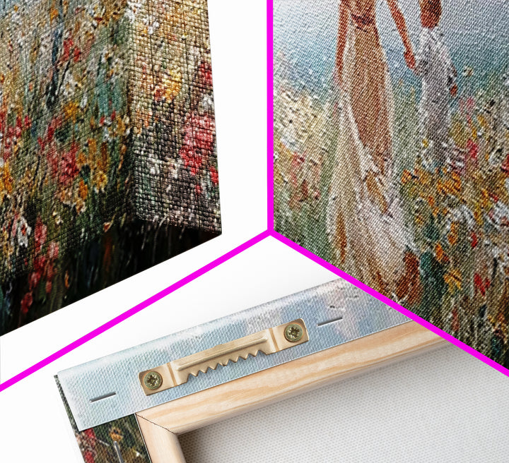 Mother And Child Holding Hands In Coastal Wildflower Meadow Wall Art, Impressionist Canvas Print, Nursery Decor, Gift For Mom