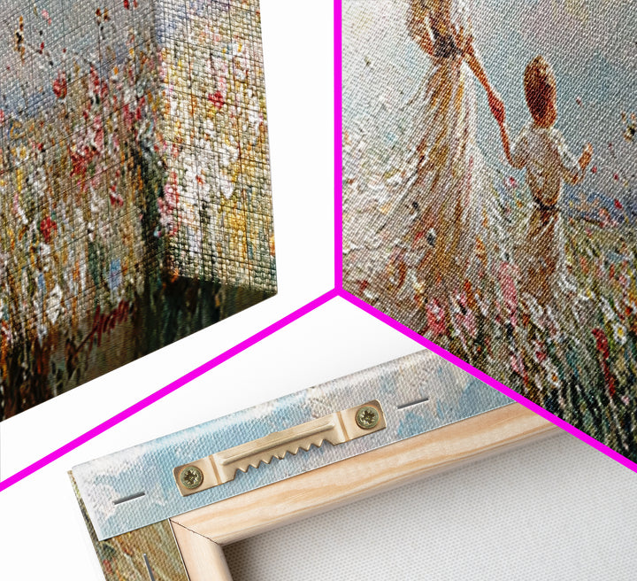 Mother And Child Walking Through Wildflowers Wall Art, Impressionist Meadow Canvas Print, Nursery Decor Gift For Mom And Her