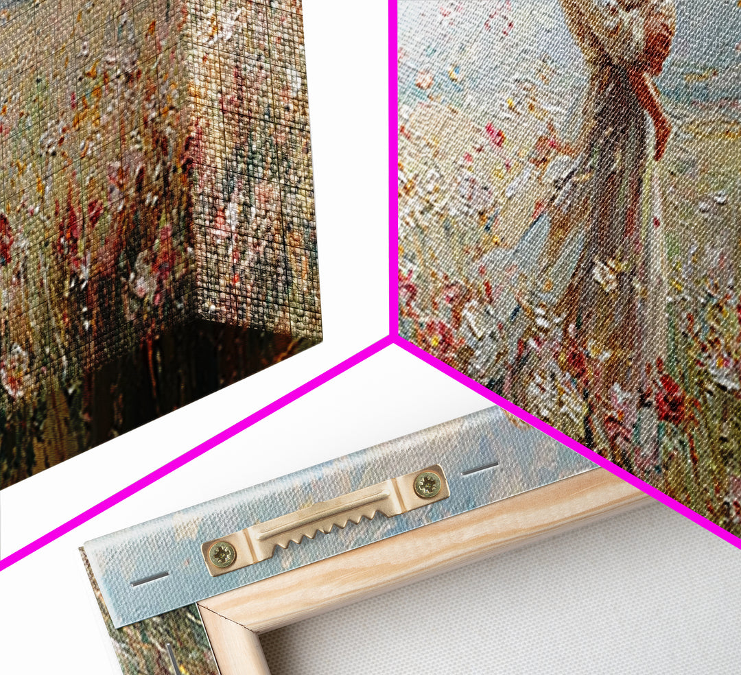 Mother Embracing Child In Breezy Wildflower Field Wall Art, Impressionist Canvas Print, Feminine Nursery Decor Gift For Mom