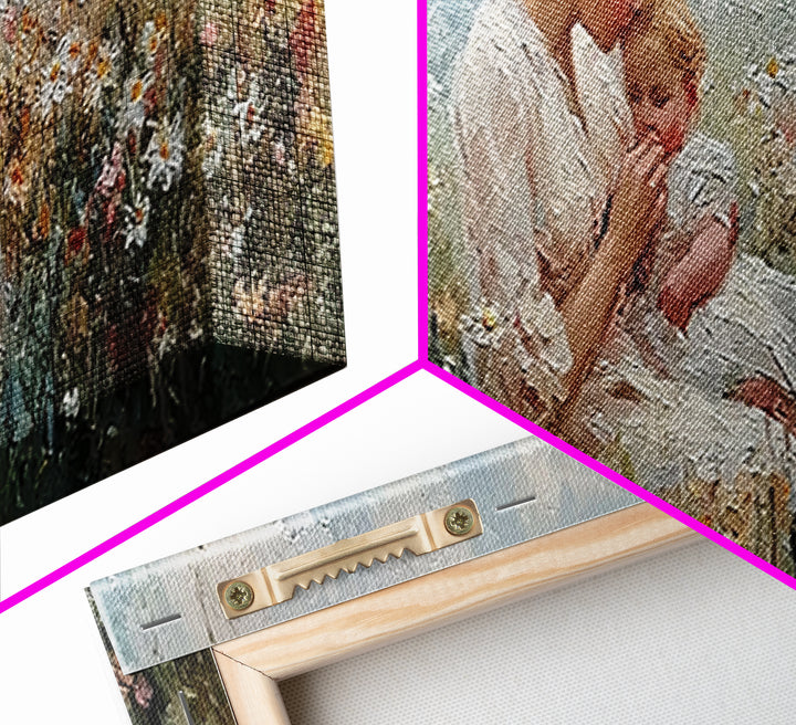 Tender Mother Kissing Baby In Floral Meadow Wall Art, Impressionist Framed Canvas Print, Nursery Decor Gift For Mom And Her