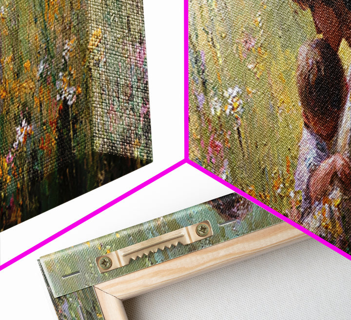 Mother Snuggling Baby In Golden Wildflower Meadow Wall Art, Impressionist Canvas Print, Feminine Nursery Decor Gift For Mom